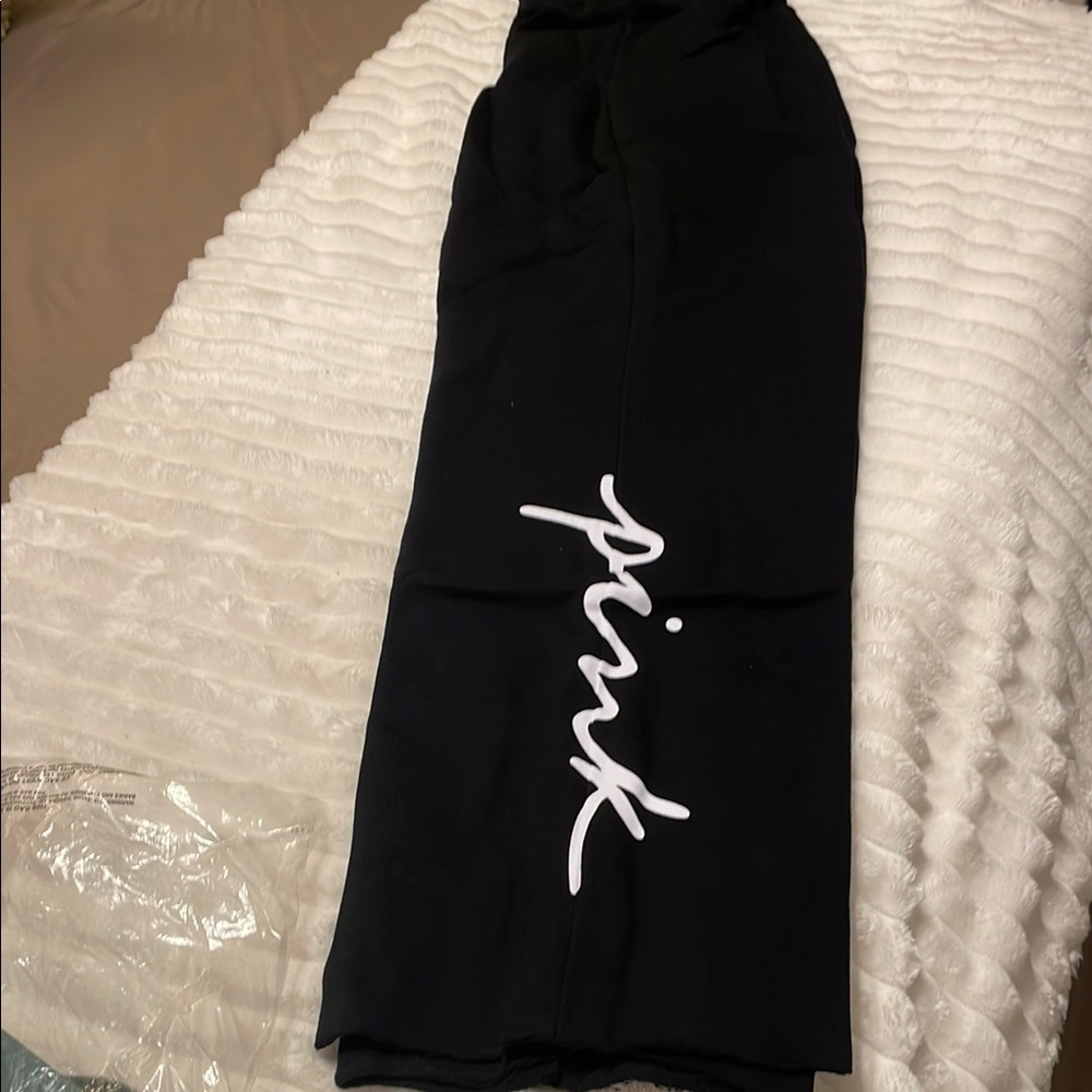 Black Boyfriend Pants with White Script Writing. Pink/Victoria Secert